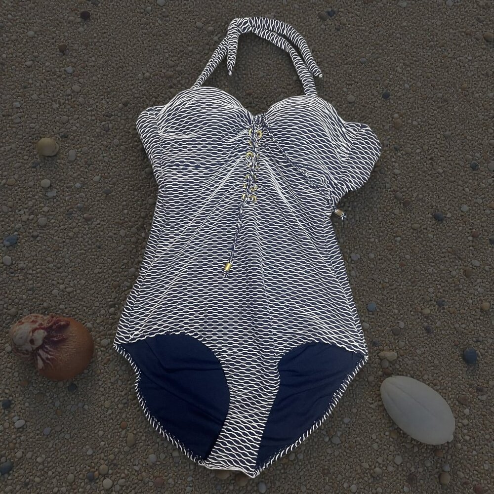 NEW Jessica Simpson Large One Piece Swimsuit Navy Textured Gold Underwire Modest